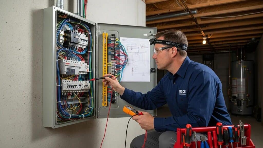 Electrician inspecting home electrical panel for safety and maintenance