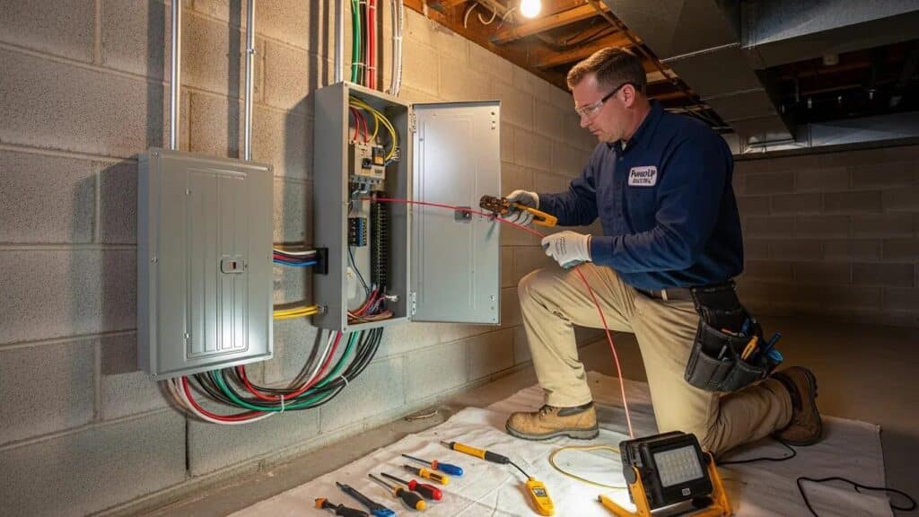 Electrician performing electrical panel upgrade in West Des Moines