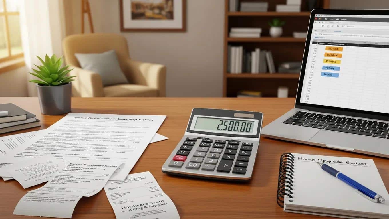 Calculator and financial documents for budgeting electrical panel upgrades