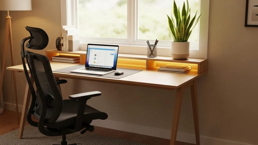 Cozy home office with LED lighting and natural light for productivity