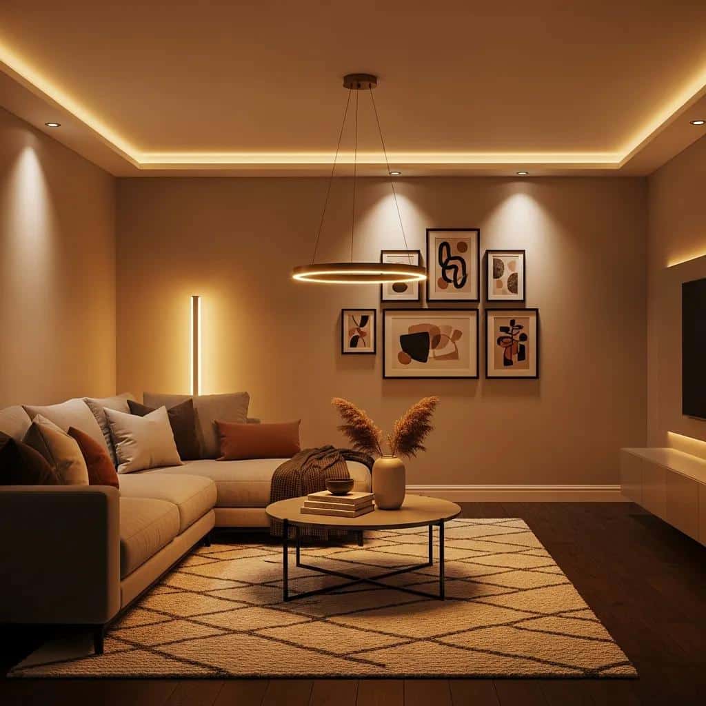 Cozy living room with modern LED lighting enhancing ambiance