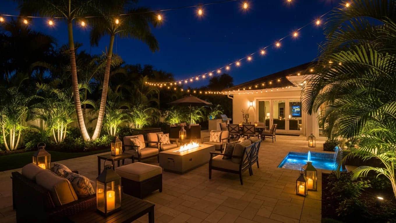 Cozy outdoor living space illuminated by aesthetic outdoor lighting