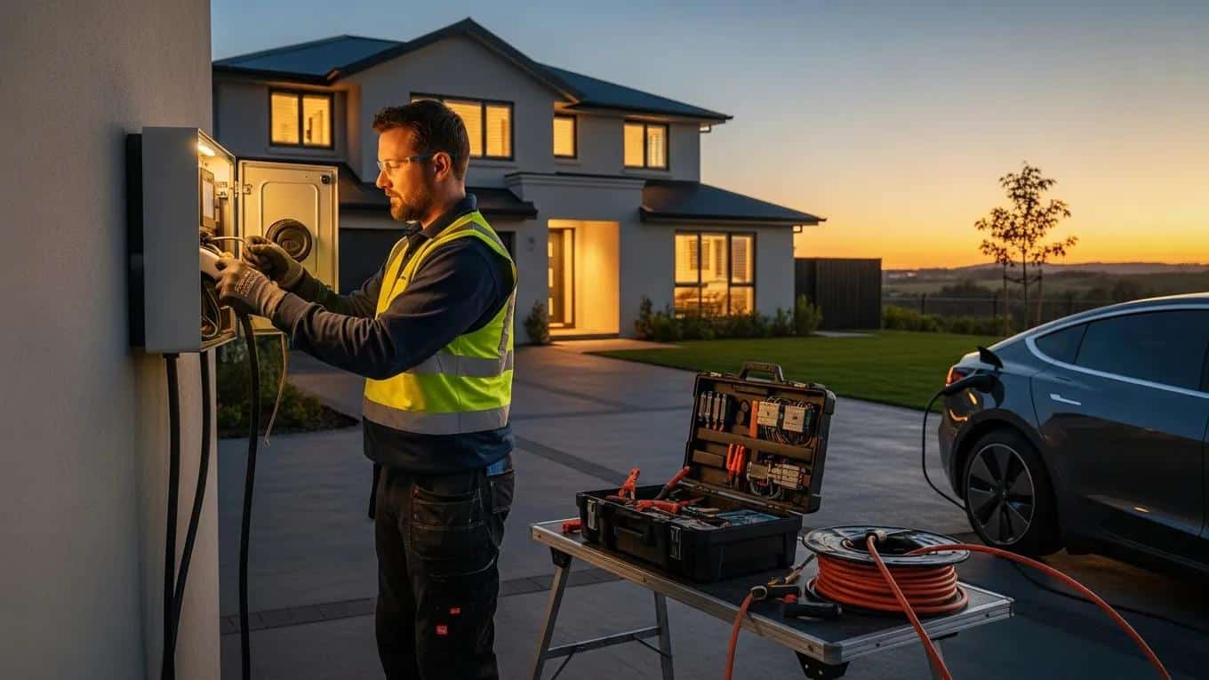 Residential EV charger installation with an electrician at work