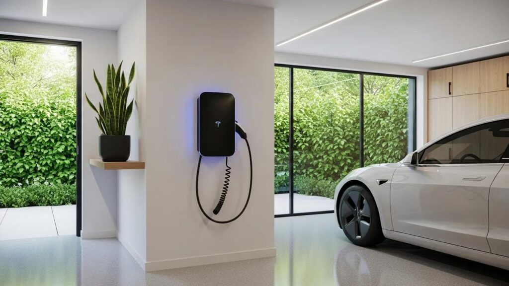 Electric vehicle charging station in a modern garage with an electric vehicle parked nearby