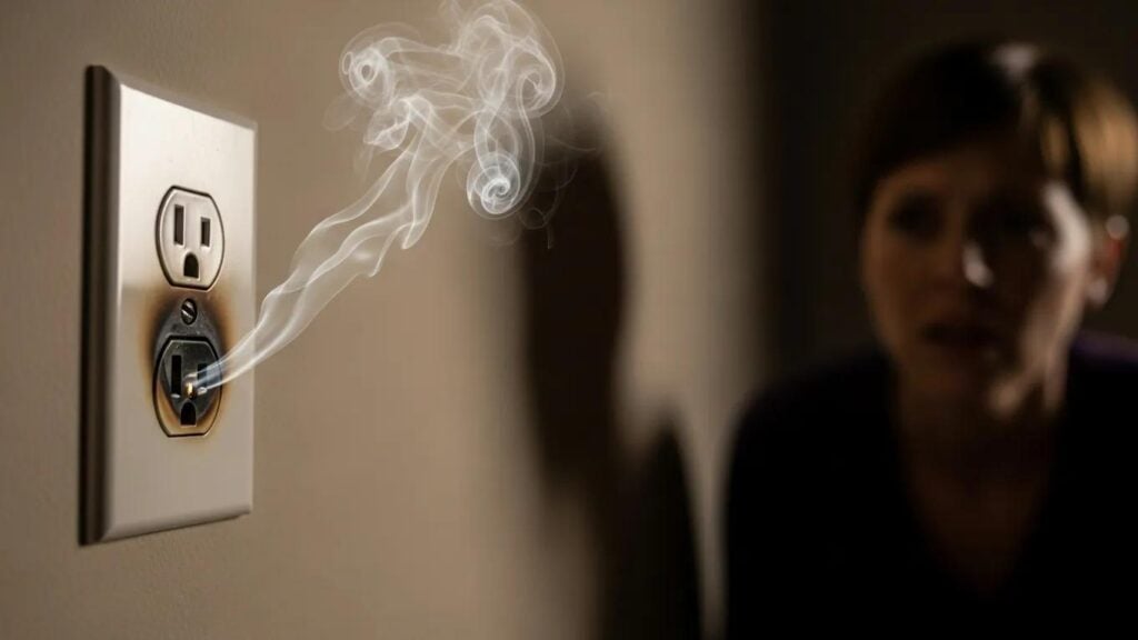 Burning electrical outlet with smoke, highlighting electrical troubleshooting warning signs