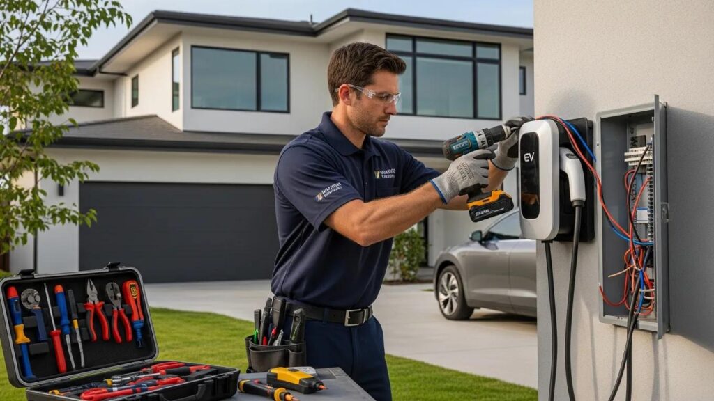 Electrician installing an EV charger at a residential home, highlighting the importance of professional installation