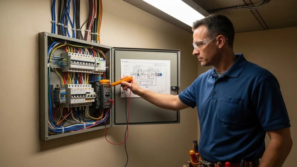 Licensed electrician inspecting a circuit panel for electrical safety compliance