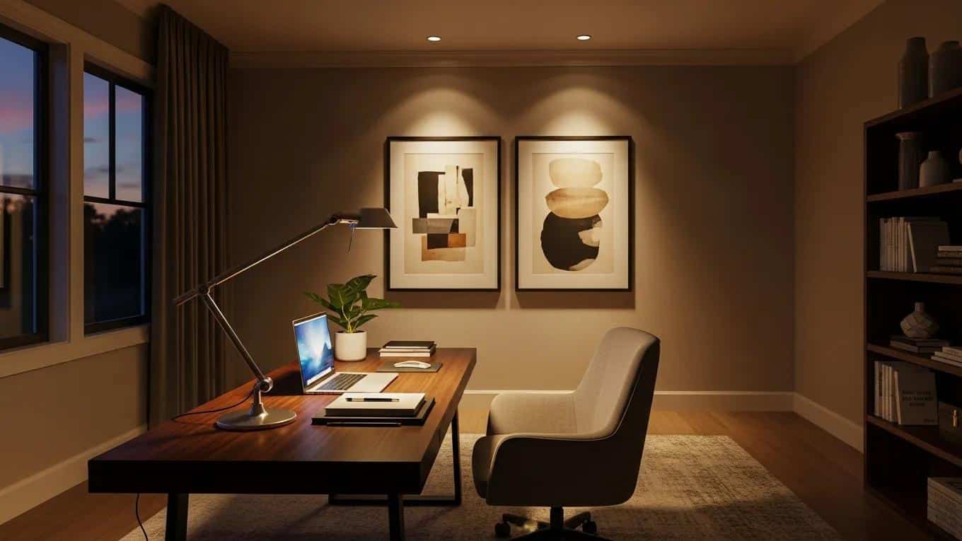 Home office with layered lighting design featuring ambient, task, and accent lights
