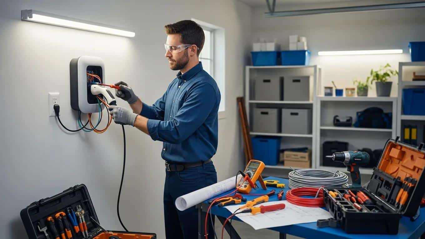 Licensed electrician installing an electric vehicle charger in a residential garage