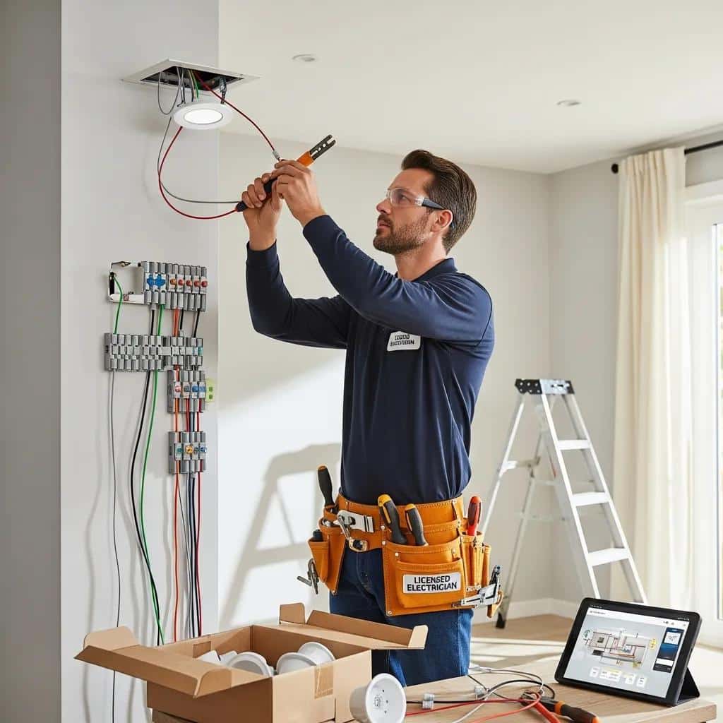 Licensed electrician installing smart lighting fixtures in a home