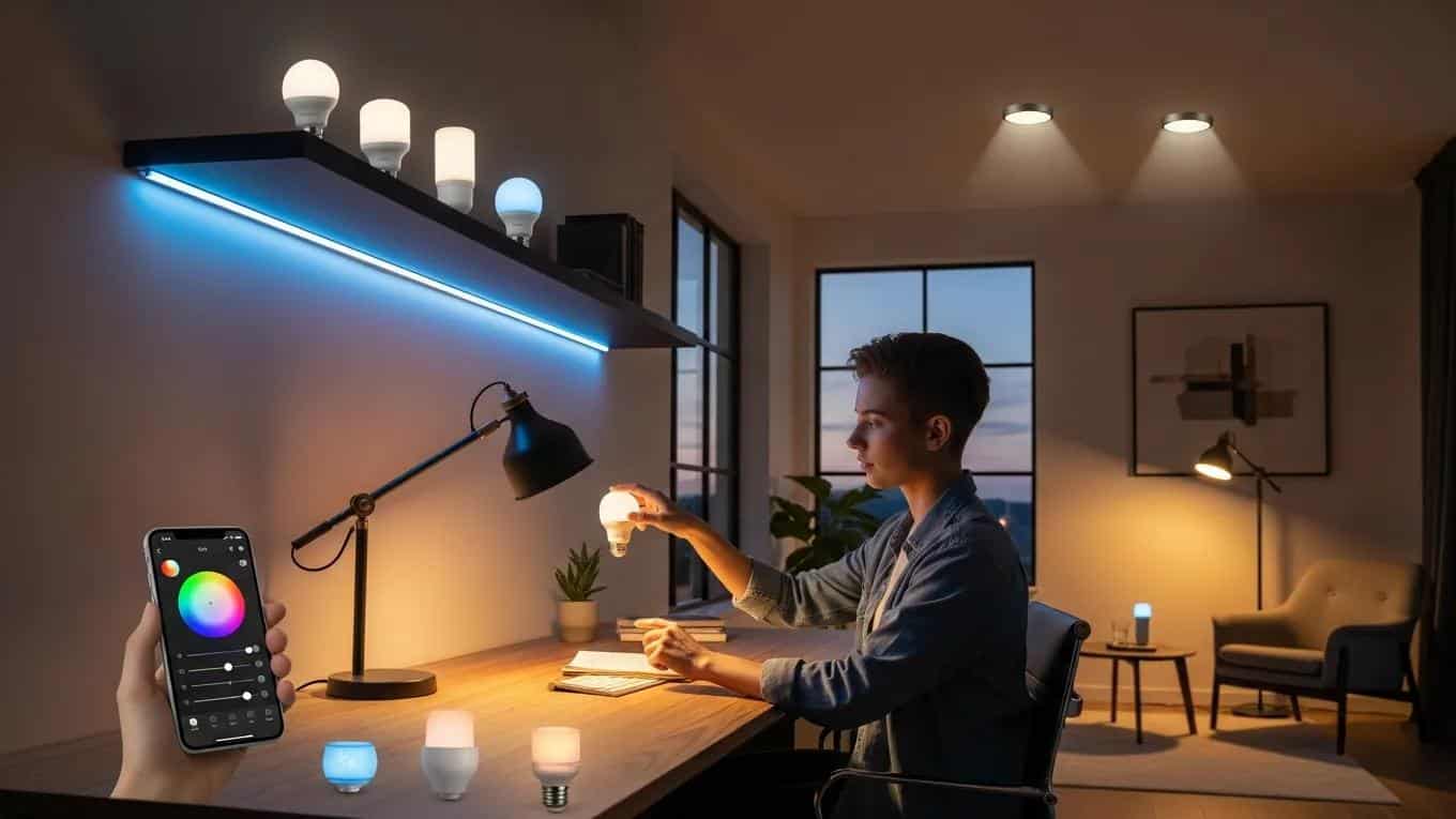 Modern home office with smart lighting technology and user interaction
