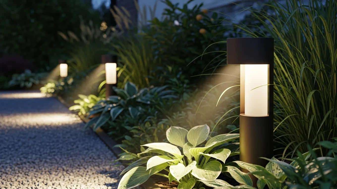Modern LED outdoor lighting fixtures in a garden, emphasizing energy efficiency