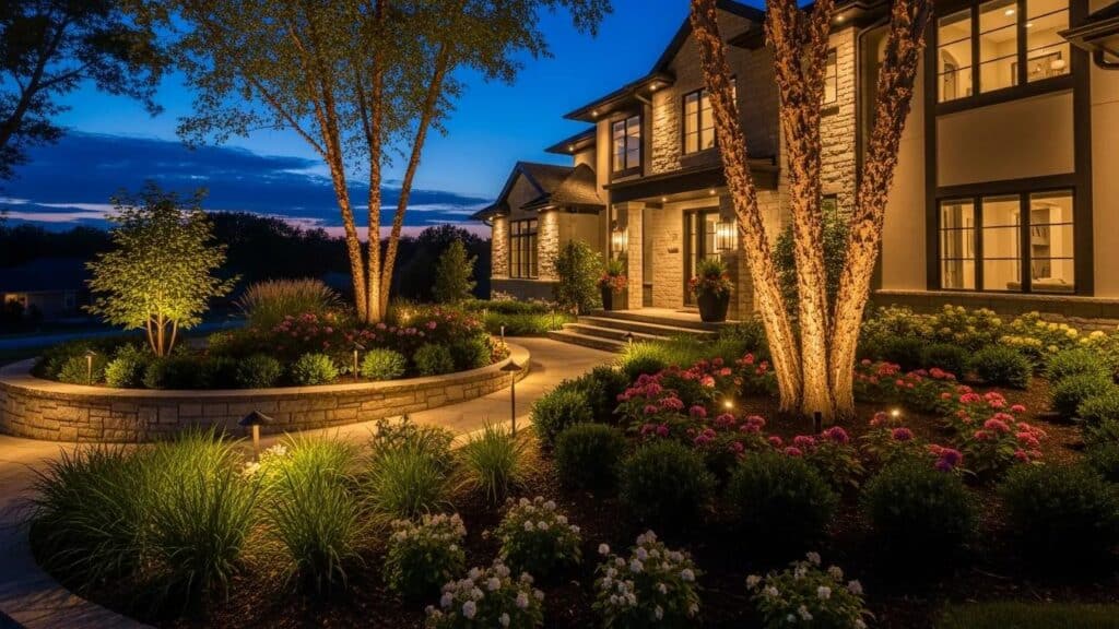 Outdoor lighting installation enhancing a West Des Moines home with LED lights