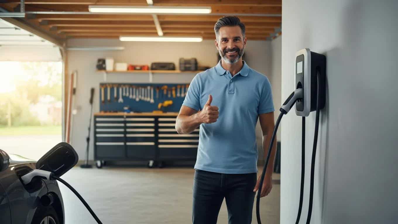 Satisfied customer giving a thumbs up next to a newly installed EV charger, showcasing positive customer experiences