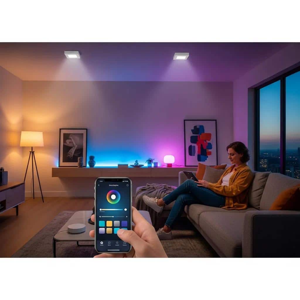 User controlling smart lighting system in a modern home