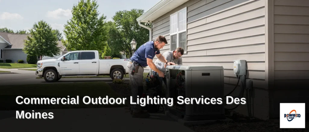 Rewired Iowa electrician installing commercial outdoor lighting system in Des Moines, Iowa, enhancing business safety