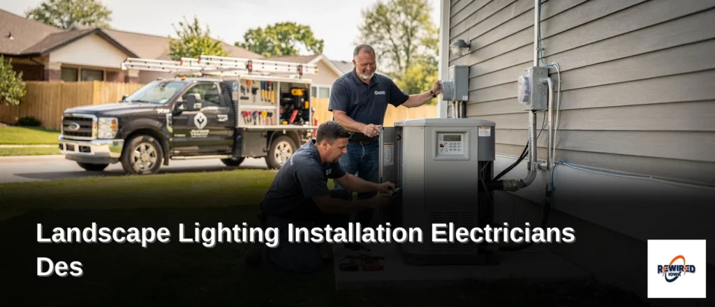 Rewired Iowa electrician installing landscape lighting and whole home generator in Des Moines, Iowa, ensuring