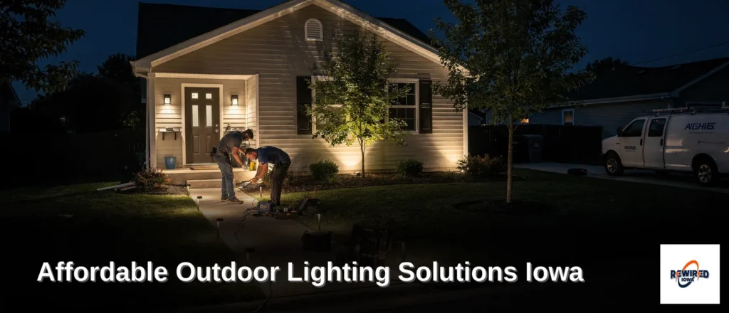 Rewired Iowa electrician installing affordable outdoor lighting fixtures on a Des Moines, Iowa home, enhancing