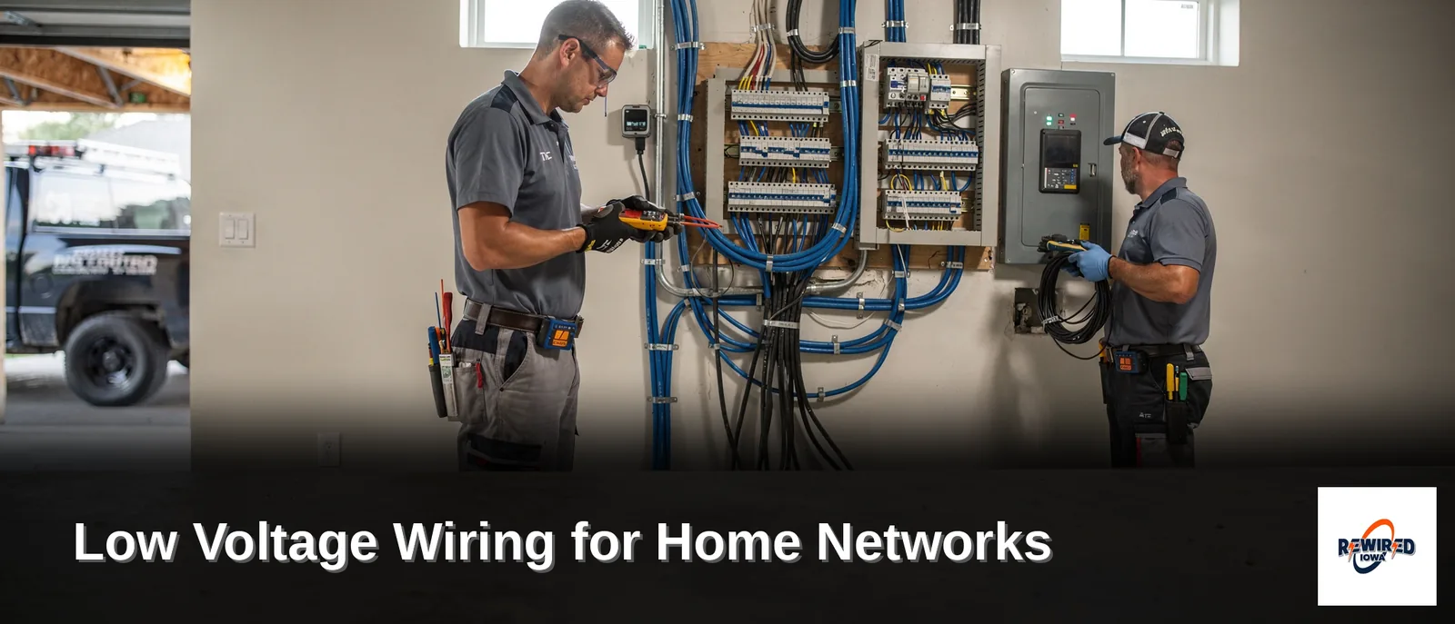 Rewired Iowa's low-voltage services include networking cable installation for home data lines.; Low voltage wiring