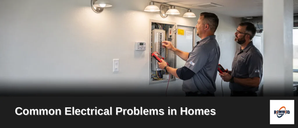 Rewired Iowa licensed electricians inspecting and repairing an electrical panel, addressing common electrical problems in