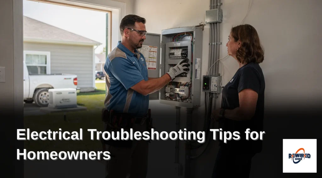 Rewired Iowa electrician inspecting a home electrical panel with a homeowner, illustrating safe troubleshooting practices