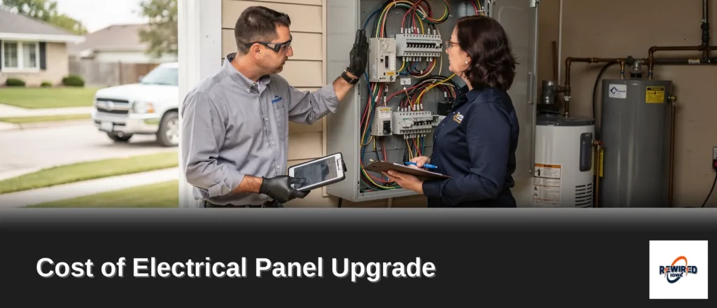 Rewired Iowa electrician inspecting a residential electrical panel with a homeowner, discussing upgrade costs and