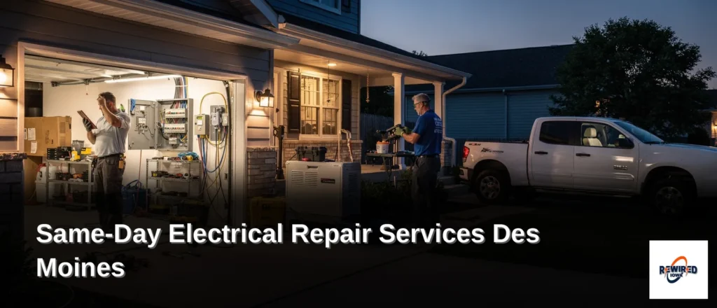 Rewired Iowa electrician inspecting a residential electrical panel and whole home generator during same-day repair