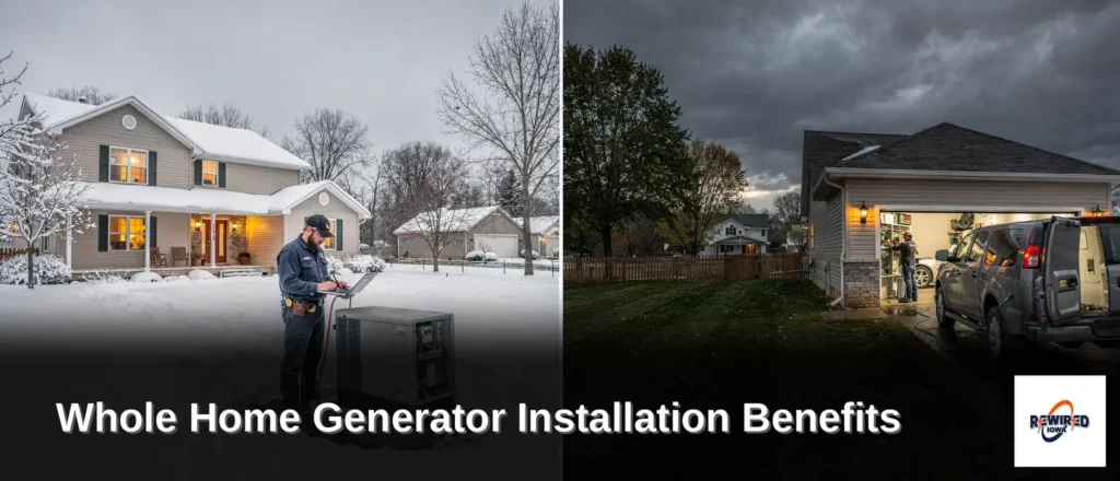 Rewired Iowa electrician installing a whole home generator during a snowy Iowa winter, protecting a
