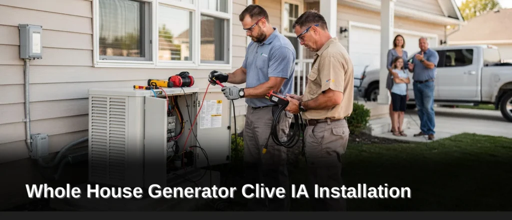 Rewired Iowa electricians installing a whole-house generator system in Clive, Iowa, protecting a family's home