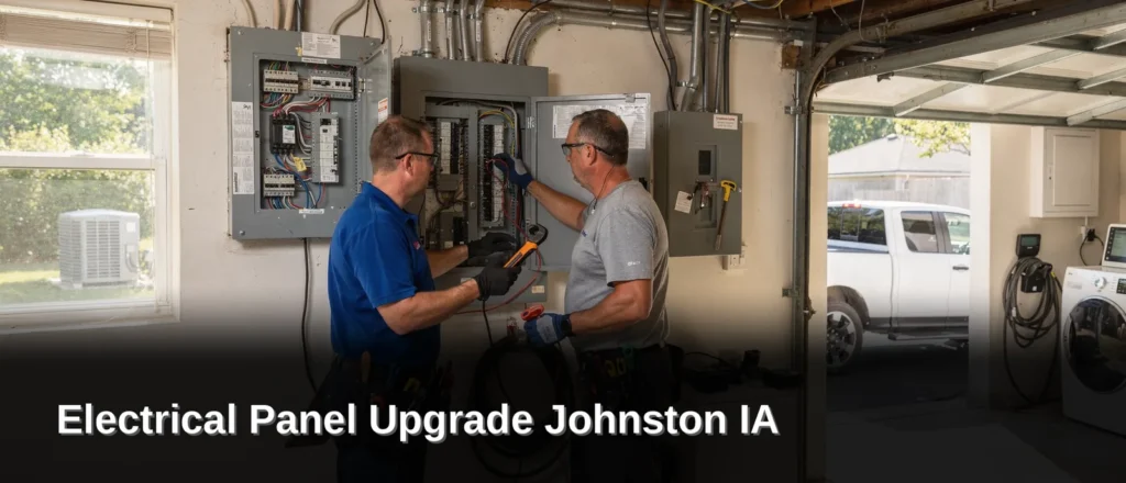Two Rewired Iowa electricians work together on an electrical panel upgrade in a Johnston, Iowa