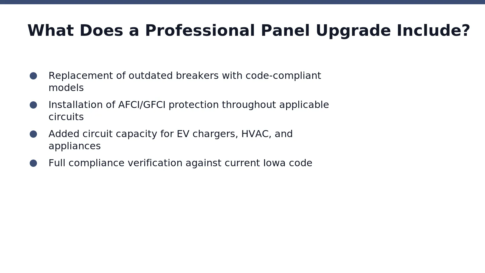 A proper panel upgrade includes code-compliant wiring, sufficient circuit capacity