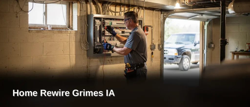 Licensed Rewired Iowa electrician inspecting and working on an electrical panel in a Grimes, Iowa