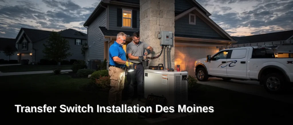 Rewired Iowa electricians installing a whole-house generator and automatic transfer switch on a Des Moines,