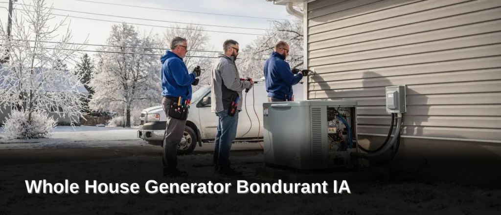 Rewired Iowa technicians installing a Generac whole house generator in Bondurant, Iowa, providing reliable backup