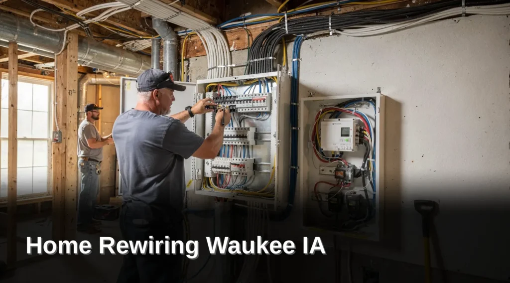 Rewired Iowa electrician working on electrical panel upgrade in Waukee, Iowa basement, demonstrating residential rewiring