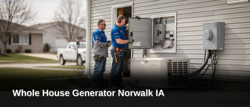 Two Rewired Iowa electricians install a Generac whole house generator system outside a Norwalk, Iowa