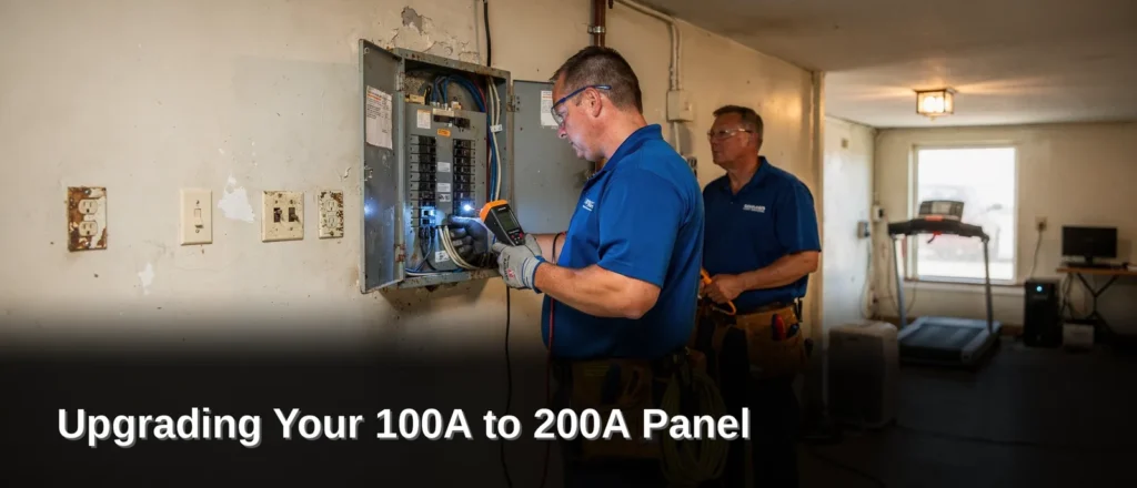 Rewired Iowa electrician inspecting a 100 amp electrical panel during a 200 amp upgrade in