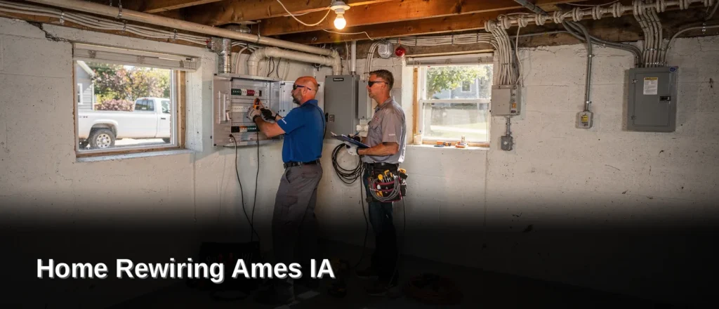 Two licensed Rewired Iowa electricians inspect and work on an older electrical panel in a