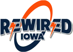 Rewired Iowa logo featuring bold text with lightning bolt accents, symbolizing electrical services in Iowa.
