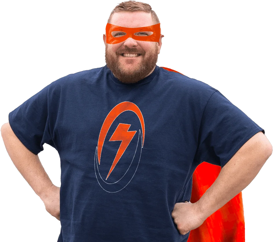 Smiling man in superhero costume with orange mask and cape, featuring Rewired Iowa logo, representing electrical services.