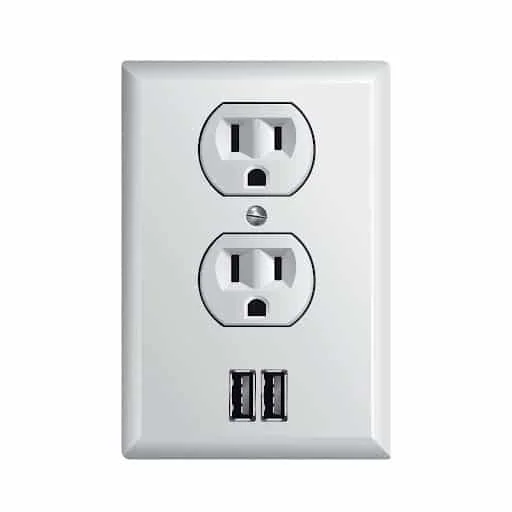 Electrical outlet with two standard sockets and dual USB ports, representing modern electrical upgrades for safety and convenience.