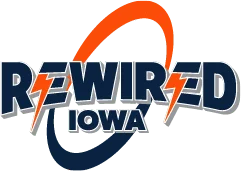 Rewired Iowa logo featuring bold text and lightning symbols, representing a family-owned electrical contractor specializing in outdoor lighting services in Des Moines, Iowa.