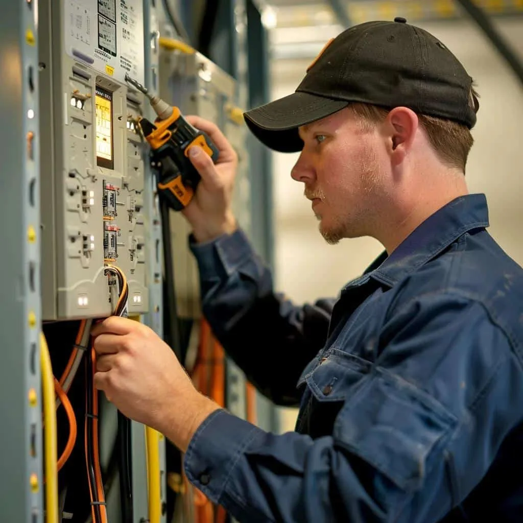 Electrician inspecting a circuit panel during an electrical safety inspection