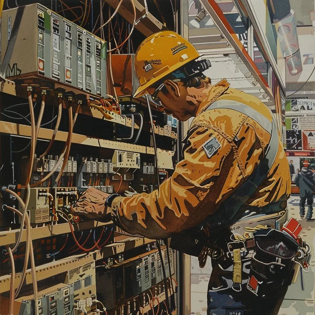 Electrician in safety gear working on electrical panels, emphasizing emergency commercial electrician services for business continuity and safety in Des Moines.