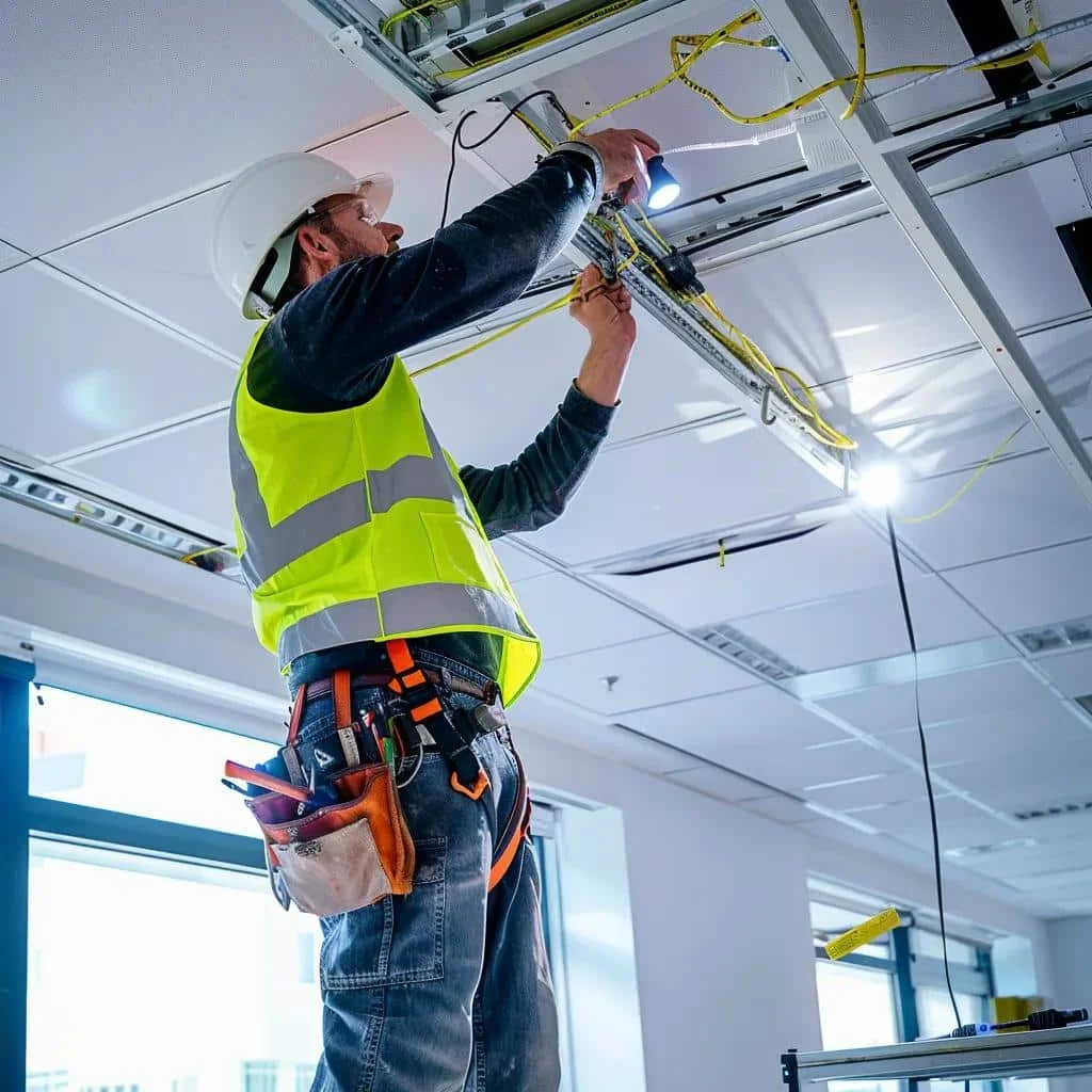Electrician in safety gear working on ceiling electrical installation, demonstrating commercial electrical services in Des Moines.