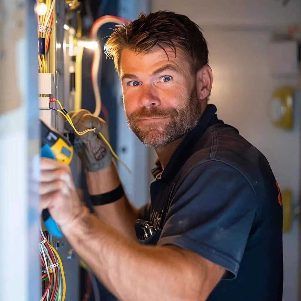 Electrician working on a light fixture installation in a home setting