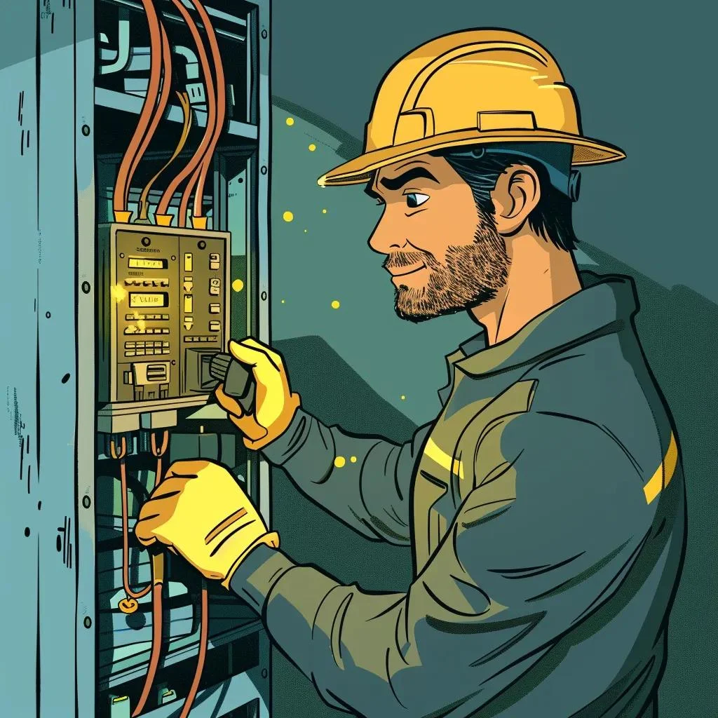 cartoon emergency electrician in iowa working on an small residential Zinsco electrical panel with urgency and professionalism