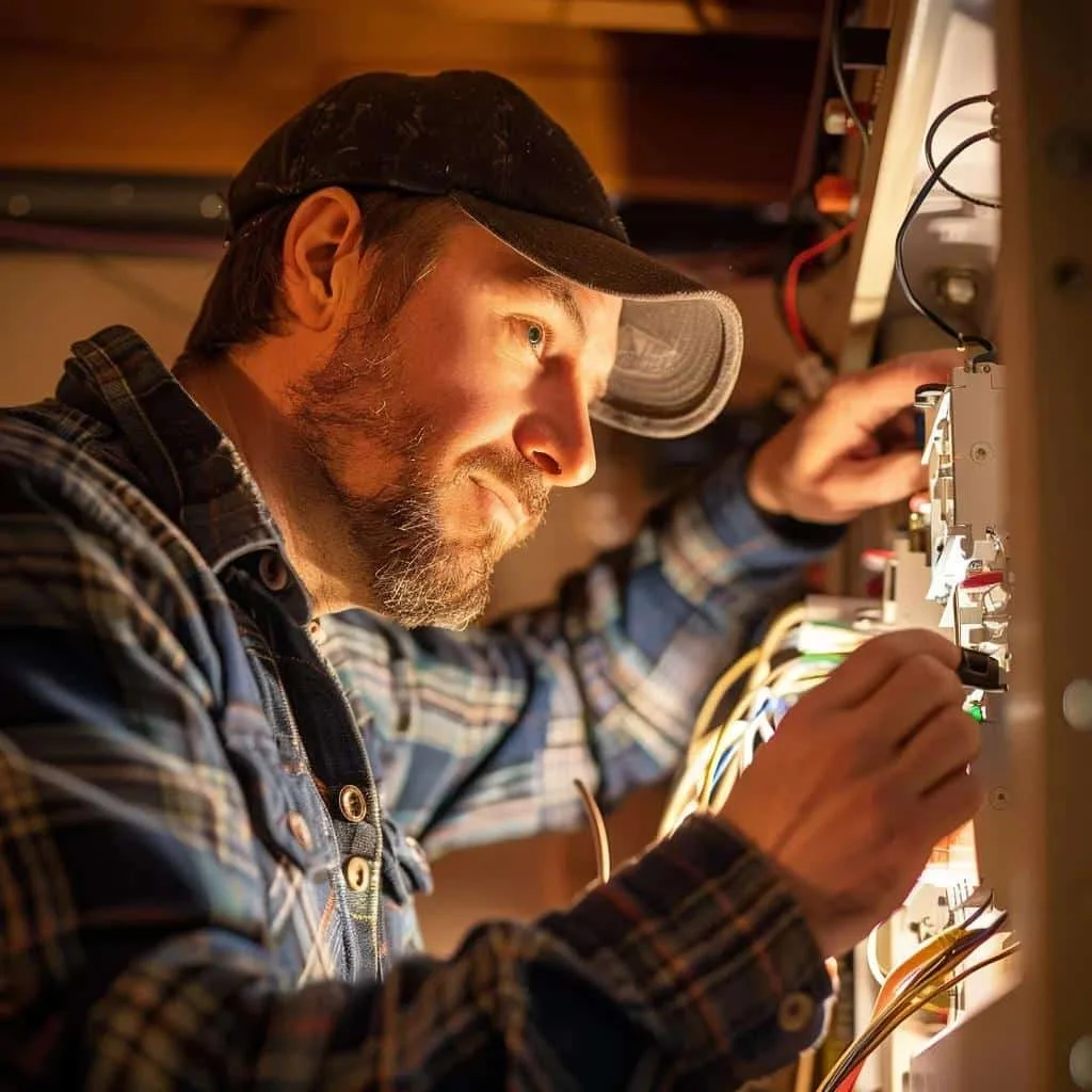 Licensed electrician working on a residential electrical panel in a cozy home setting