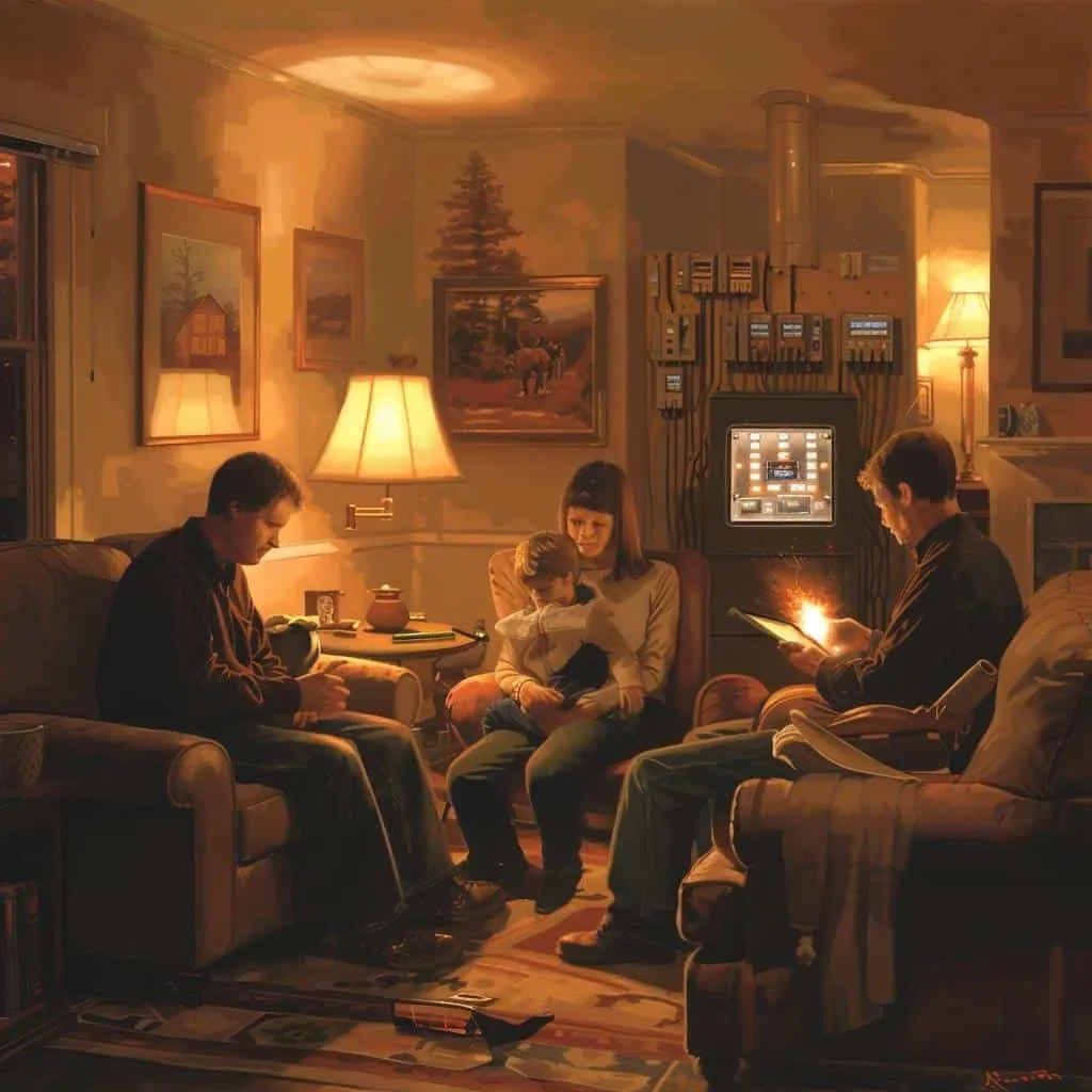 Family in living room with electrical panel, mother holding child, father examining device, emphasizing home safety and electrical issues.