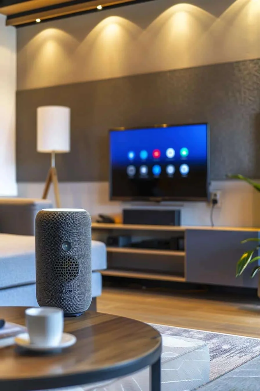 Smart speaker on a coffee table in a modern living room with a television displaying smart home interface, highlighting home automation solutions for Ankeny residents.